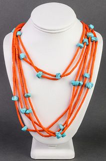 Orange Coral & Turquoise 6-Strand Beaded Necklace
