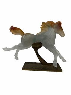 Daum Nancy Pate De Verre Horse On Bronze Stand
