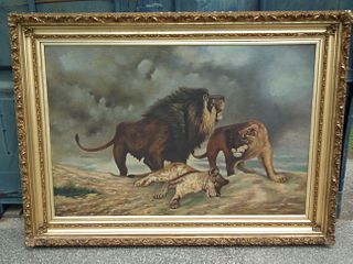HUGE PAINTING OF LIONS 1901