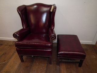 HICKORY LEATHER WING CHAIR & OTTOMAN