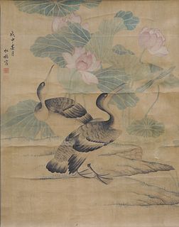 Chinese Painting of Birds with Lotuses, Hong Qiao