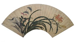 Chinese Fan Painting of Flowers by Jiang Tingxi
