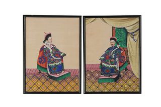 Pair Chinese Rice Paper Ancestor Portraits, 19th Century