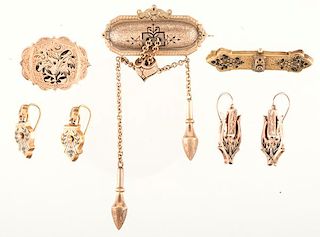 Victorian Era Earrings and Brooches in Karat Gold 