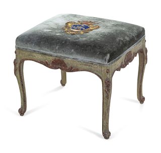 A Louis XV Style Metallic Thread Embroidery Upholstered and Painted Wood Tabouret
