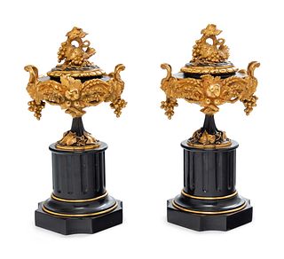 A Pair of French Gilt and Patinated Bronze and Marble Compotes