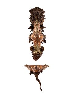 A French Copper and Brass Lavabo and Basin Set in a Carved Oak Bracket