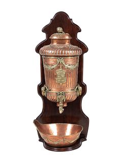 A French Copper and Brass Lavabo and Basin with an Oak Bracket