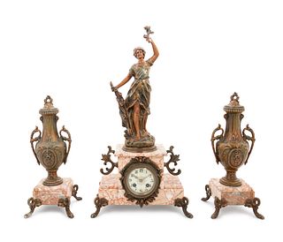 A French Cast Metal and Marble Clock Garniture