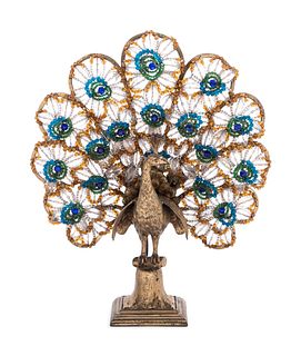 A Neoclassical Cut and Colored Glass Mounted Gilt Metal Peacock Table Lamp