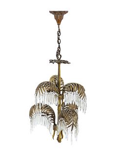 A Neoclassical Brass and Cut-Glass Six-Light Palm-Leaf Ceiling Fixture