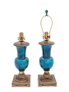 A Pair of French Turquoise and Green Glazed Urn Lamps