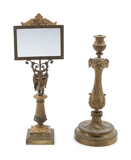 A French Gilt Bronze Candlestick and Figural Mirror