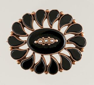 Mourning Brooch in 10 Karat with Onyx and Pearls  