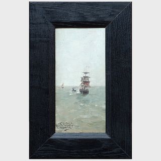 Georges Jean Marie Haquette (1854-1906): Seascape with Schooner