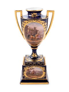 A Sevres Style Painted and Parcel Gilt Porcelain Urn on Stand