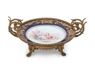 A Sevres Style Bronze Mounted Painted and Parcel Gilt Porcelain Compote