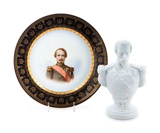 A Sevres Porcelain Cabinet Plate and a Bisque Porcelain Bust Depicting Napoleon III