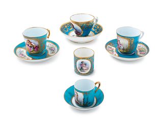Four Sevres Style Painted and Parcel Gilt Celeste Blue-Ground Porcelain Cups and Saucers