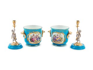 Two Pairs of Sevres Style Celeste Blue-Ground Porcelain Table Articles