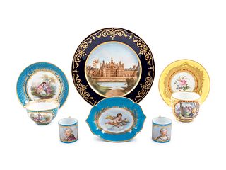 Eight Sevres Style Painted and Parcel Gilt Porcelain Articles