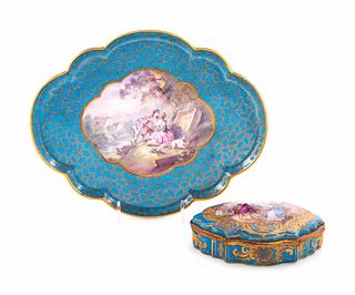 Two Sevres Style Painted and Parcel Gilt Celeste Blue-Ground Porcelain Articles