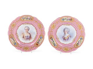 A Pair of Sevres Painted and Parcel Gilt Pink-Ground Porcelain Plates