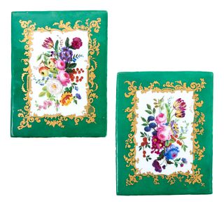 A Pair of Sevres Style Painted and Parcel Gilt Green-Ground Porcelain Floral Panels