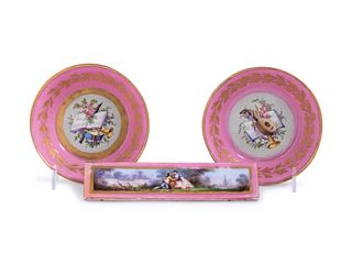 Three Sevres Style Painted and Parcel Gilt Pink-Ground Porcelain Articles