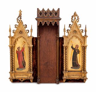 A Continental Carved Oak Altar Panel with Paintings after Fra Angelico
