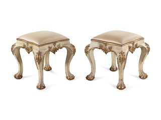 A Pair of Venetian Style Cream-Painted and Parcel Gilt Tabourets