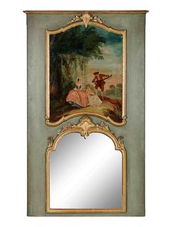 A Continental Painted and Parcel Gilt Trumeau Mirror