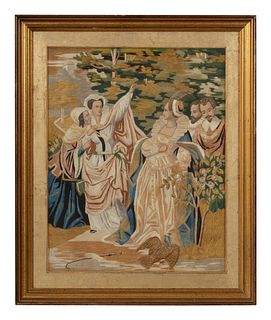 A Continental Silk Needlework Embroidered and Watercolor Painted Panel