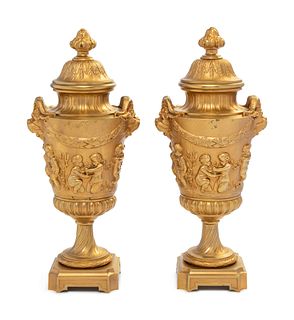 A Pair of Continental Gilt Bronze Covered Urns