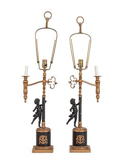 A Pair of Continental Gilt and Patinated Cast Metal Single-Light Candelabra Mounted as Lamps