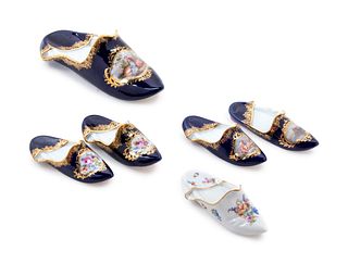 Six Meissen Painted and Parcel Gilt Porcelain Slippers