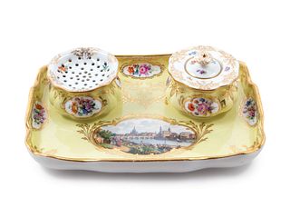 A Meissen Painted and Parcel Gilt Yellow-Ground Porcelain Ink Stand
