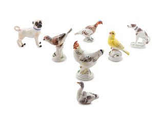 Seven Meissen Painted Porcelain Animal Figures