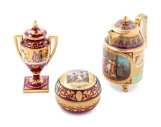 Three Vienna Painted and Parcel Gilt Porcelain Table Articles