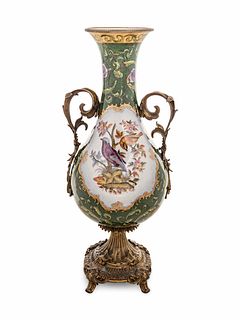 A Continental Gilt Metal Mounted Transfer-Decorated Porcelain Vase