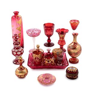 A Collection of Continental Gilt and Enameled Ruby Glass Articles