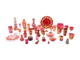 A Collection of Continental Gilt Decorated Ruby Glass Articles