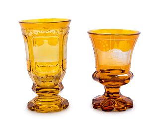Two Bohemian Amber Cut-to-Clear Glass Pokals