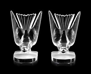 A Pair of Lalique Molded and Frosted Glass Deux Hirondelles Bookends
