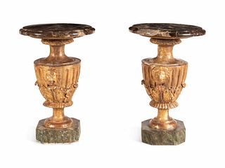 A Pair of George III Style Carved Giltwood and Faux-Marble Painted Marble-Top Jardiniere Stands