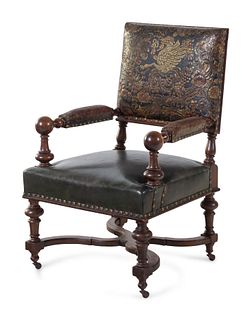 An English Embossed Leather Library Chair