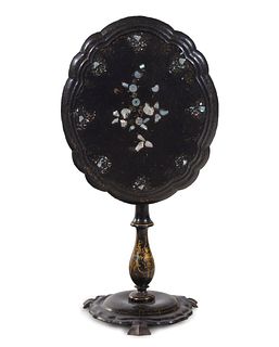 A Victorian Lacquered and Mother-of-Pearl Inlaid Tilt-Top Table