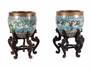 A Pair of Chinese Cloisonne Urns on Wood Stands