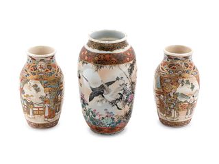 Three Japanese Enamel Decorated Satsuma Porcelain Vases