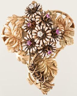 Diamond and Ruby Bouquet Brooch in 14 Karat Gold 